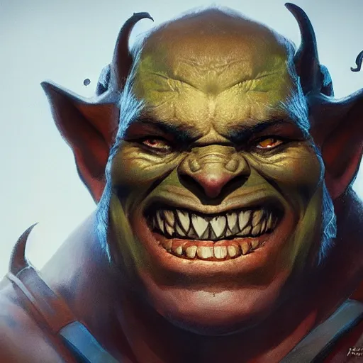 Image similar to An orc smiling into the camera, portrait, artstation, by Alex Flores