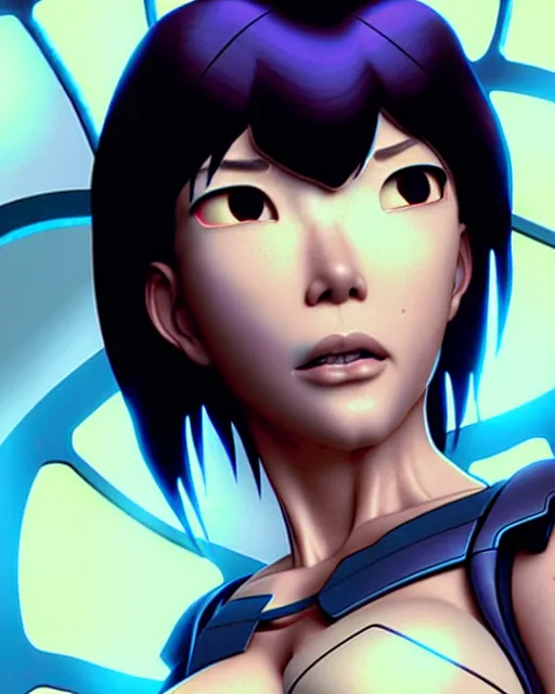 Image similar to weta disney pixar movie still portrait photo of motoko kusanagi the major ghost in the shell : : as cyborg woman by pixar : : by weta, wlop, ilya kuvshinov, rossdraws, artgerm, marvel, maxim cover, latex, octane render, sweaty, iridescent, bright morning, anime, liosh, mucha : :