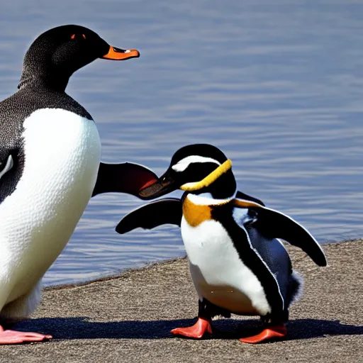 Prompt: a duck is boxing a penguin, penguin vs duck