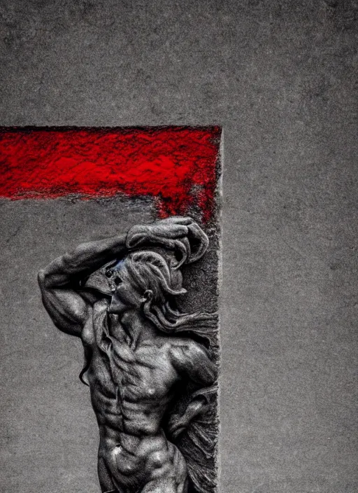 Image similar to black, grey, red, purple, gritty, greco roman sculpture, dark, thin lines