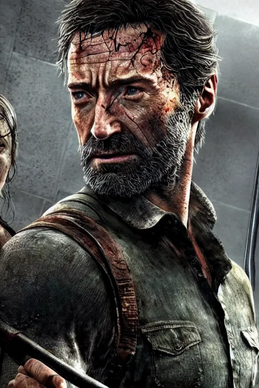 Image similar to realistic photo of Hugh Jackman as Joel in The Last of Us, highly detailed portrait,