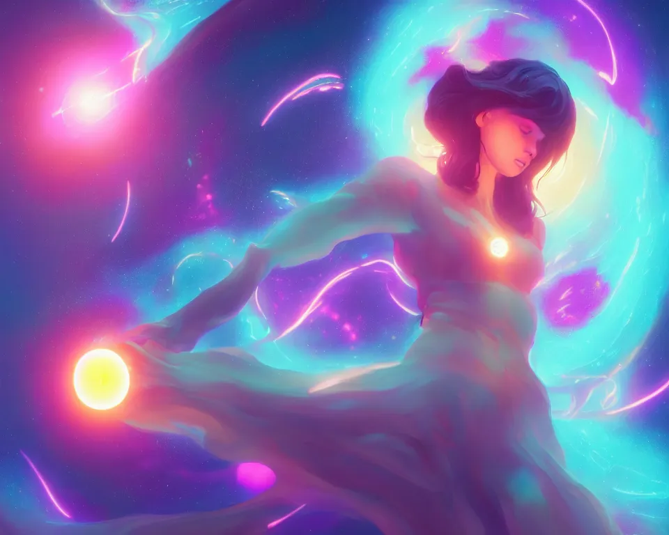 Image similar to a beautiful whimsical woman standing under a multi-colored binary blackhole with an accretion disc, casting magic, glowing trails following her arms, digital art, by Lois van Baarle, by Greg Rutkowski, by artgerm, by beeple, cinematic angle, volumetric lighting, 4k resolution, octane render, trending on artstation, masterpiece