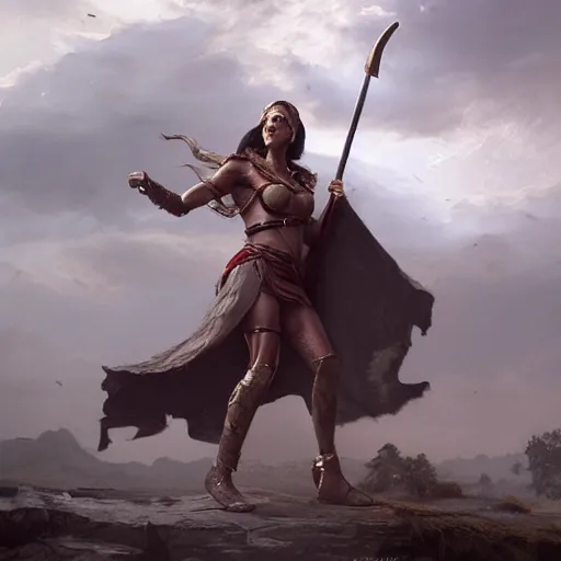 Image similar to a spartan woman wearing a cape and holding a spear in a arena, Matte painting , detailed painting, greg rutkowski