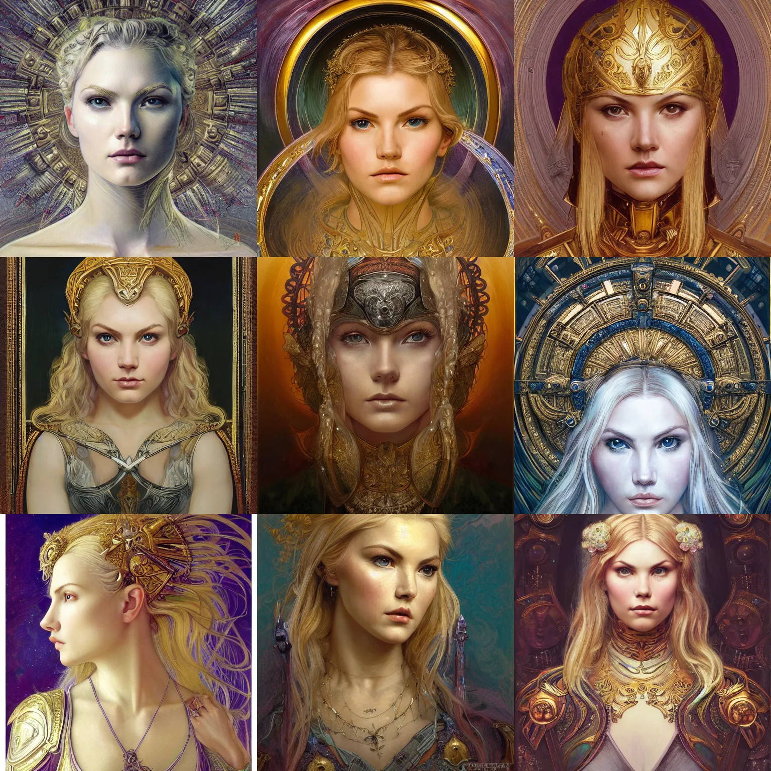 Prompt: masterpiece head-on symmetrical centered portrait, Elisha Cuthbert as a paladin, blonde hair, prismatic golden halo, ornate iron armour, elegant, distant, in the style of Edgar Maxence and Ross Tran and Zdzisław Beksiński and Michael Whelan and Mucha and gustav dore and H.R. Giger, specular highlights, 8k, octane render