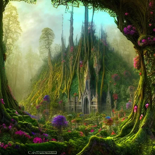 Image similar to a beautiful and highly detailed matte painting of a beautiful elven palace in a magical fantasy forest valley, psychedelic trees and plants and flowers, celtic vegetation, epic scale, insanely complex, hyperdetailed, sharp focus, hyperrealism, artstation, cgsociety, 8 k, bright colors, by caspar friedrich, albert bierstadt, james gurney, brian froud,