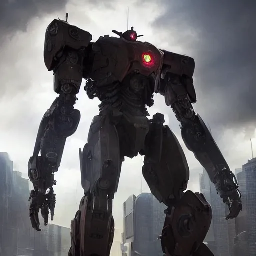 Image similar to a giant mech from pacific rim with a laser cannon on its arm, artstation hall of fame gallery, editors choice, #1 digital painting of all time, most beautiful image ever created, emotionally evocative, greatest art ever made, lifetime achievement magnum opus masterpiece, the most amazing breathtaking image with the deepest message ever painted, a thing of beauty beyond imagination or words