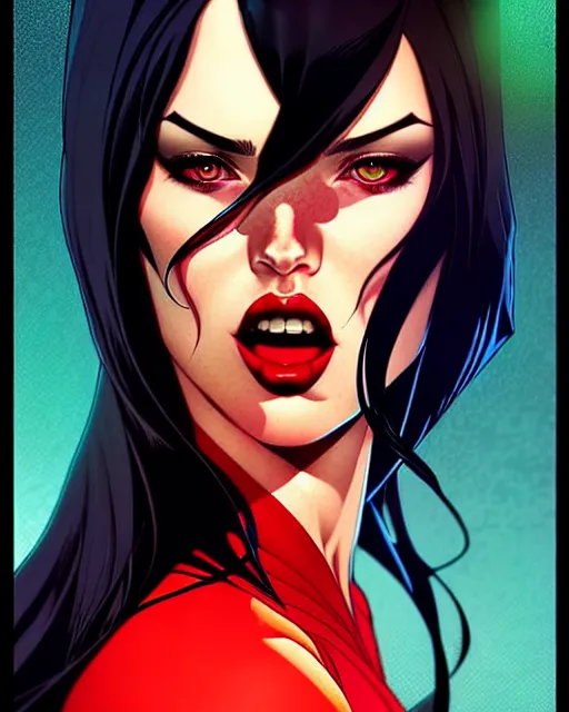 Image similar to artgerm, joshua middleton comic cover art, full body pretty megan fox vampire sharp teeth, red dress, symmetrical eyes, symmetrical face, long curly black hair, dark castle background background, cinematic lighting