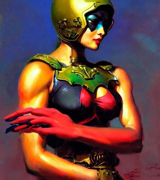 Image similar to portrait of strong iranian female chaos angel, beautiful! coherent! by frank frazetta, by brom, strong line, vivid neon color, shining metal power armor, iron helm, high contrast, maximalist