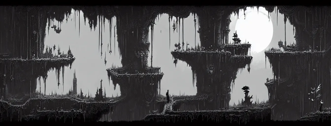 Prompt: gothic underground domain side - scrolling 2 d platformer level by nicolas delort, zdizslaw beksinski, victo ngai, josan gonzalez, kilian eng