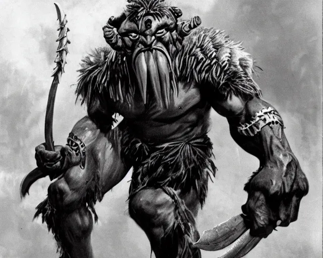 Image similar to vintage photograph of a real fantasy orc chieftain, tall, muscular, sharp fangs and tusks, big arms, big hands, big feet, armored, tribal paint, highly detailed