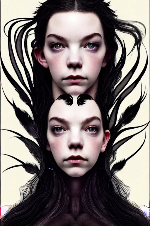 Image similar to symmetry!! jennifer connely mixed with anya taylor - joy as dark fae, black feathers instead of hair, feathers growing out of skin, shapeshifting, long black cloak, intricate, elegant, highly detailed, my rendition, digital painting, artstation, concept art, smooth, sharp focus, illustration, art by artgerm and greg rutkowski and alphonse mucha