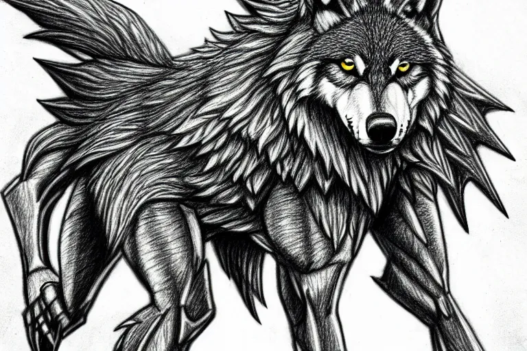 Image similar to a pencil drawing of a wolf, full body, D&D, armor, made by by Pen Tacula