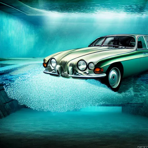 Image similar to hyperrealistic photo of an old jaguar car underwater in a swimming pool, 4 k, 8 k, thin film, full shot