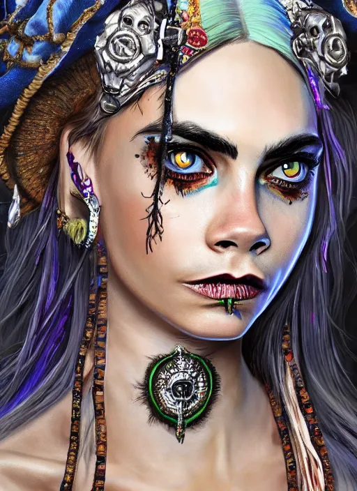 Image similar to cara delevingne as a voodoo priestess, detailed digital art, trending on Artstation