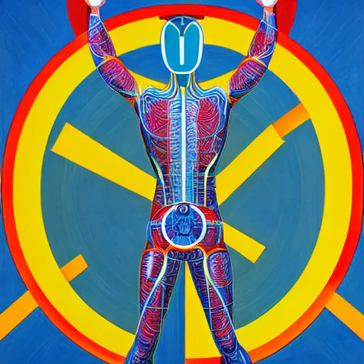 Image similar to ultraman as vitruvian man by james jean and shusei nagaoka, magritte painting, full body, no crop, golden ratio, retrofuturistic, hyper details