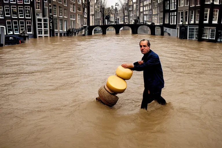 Prompt: closeup potrait of a man carrying a wheel of cheese over his head in a flood in Amsterdam, photograph, natural light, sharp, detailed face, magazine, press, photo, Steve McCurry, David Lazar, Canon, Nikon, focus