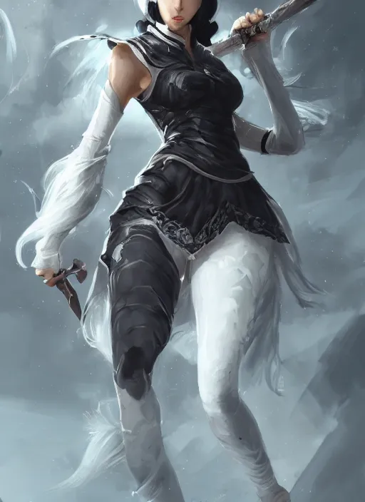 Image similar to a highly detailed illustration of fierce tall amazon messy ponytail black haired one armed delinquent asian woman wearing white cap wearing long white jacket with cape, dramatic wielding sword pose, muscular, intricate, elegant, highly detailed, centered, digital painting, artstation, concept art, smooth, sharp focus, league of legends concept art, wlop.