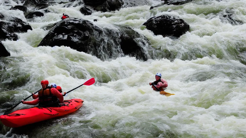 Prompt: a huge river with raging white water, mountains in the background, two kayakers navigating the rapids, epic lighting