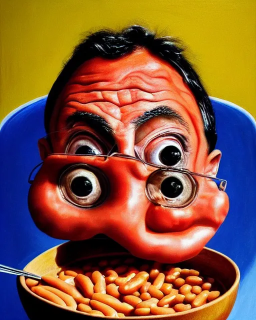 Image similar to portrait of mr bean's face in a bowl full of baked beans, head fully covered in beans and tomato sauce, beans in his eyes sockets, tomato sauce coming from his eyes, open mouth overflowing with baked beans, rowan atkinson, muted colors, surrealist oil painting, highly detailed