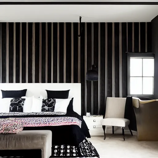 Image similar to bedroom, stone, interior design, stylish luxury hotel bedroom design, yakisugi, black vertical slatted timber, textures, feminine, black walls, art, Japanese pottery vase with flowers, kakejiku, seasonal, Japanese influences