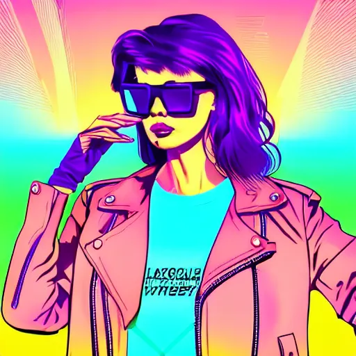 Prompt: a woman with light blue shutter shades in front of a sunset, a purple leather jacket, one side brown haircut with blue tips on the end, vector art by jan tengnagel, pixabay contest winner, retrofuturism, retrowave, synthwave, outrun, portrait, synthwave