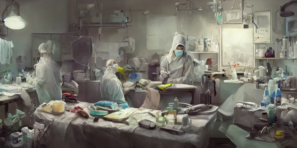 Prompt: an environmental concept art of a babushka surgeon in a cluttered surgery, surgical impliments, surgery table, highly detailed, cinematic, dramatic