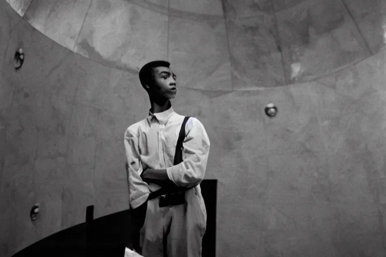 Prompt: black and white photography, a young man stands in the planetarium, decisive moment, anri cartier bresson