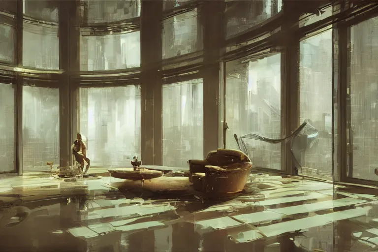 Prompt: futuristic luxury apartment interior, reflective, intricate, elegant, highly detailed, john park, craig mullins, sparth, ruan jia, jeffrey catherine jones