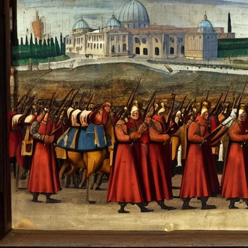 Prompt: 13th century painting of Ottoman soldiers marching into the Vatican City, Saint Peter Basilica visible in the background, renaissance painting by Raphael