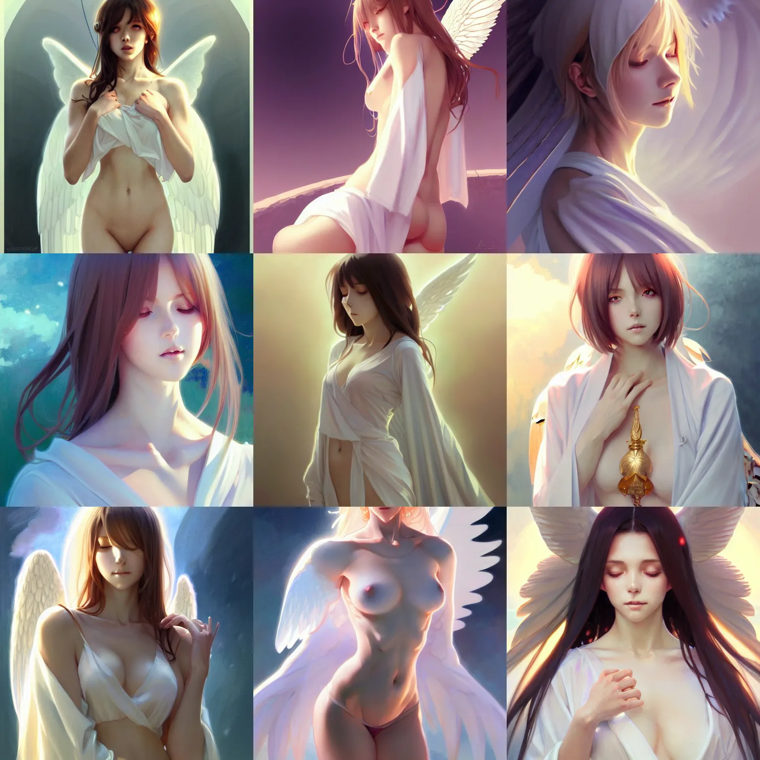Prompt: a beautiful anime angel girl, hourglass slim figure, attractive features, white robe, body portrait, slight smile, highly detailed, digital painting, artstation, concept art, sharp focus, illustration, art by wlop and greg rutkowski and alphonse mucha and artgerm