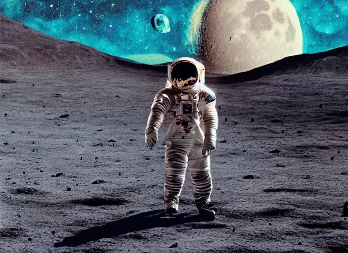 Prompt: digital art, trending on artstation, a man in an astronaut suit sitting on the moon while a planet is exploding in the background, lunar landscape, moody