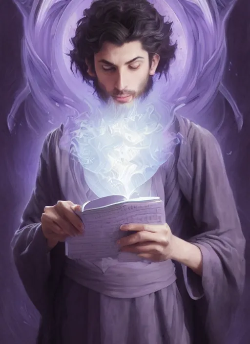 Image similar to character concept portrait of an handsome young focused Spanish wizard with pale purple skin enchanting an water spell, a floating iridescent spell book in the center, intricate, elegant, digital painting, concept art, smooth, sharp focus, illustration, from Metal Gear, by Ruan Jia and Mandy Jurgens and William-Adolphe Bouguereau, Artgerm