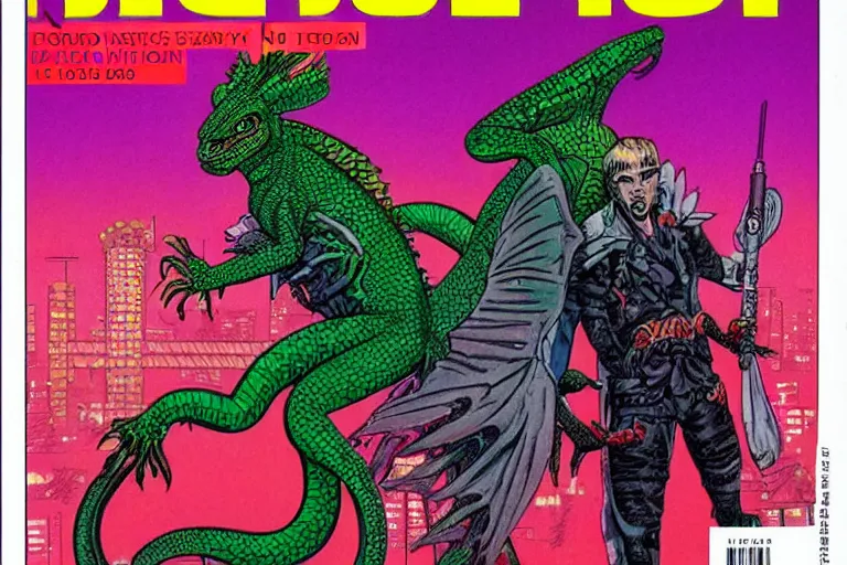 Prompt: 1979 Dragon magazine cover depicting a lizard man in neo-tokyo style by Larry Elmore. DND character art