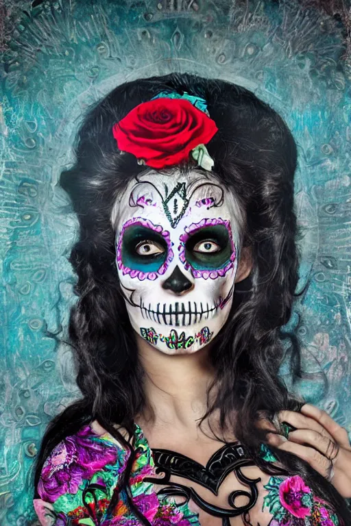 Prompt: Illustration of a sugar skull day of the dead girl, art by Peter Kemp