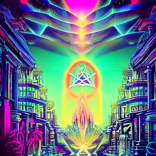 Image similar to mystical psychedelic poster with shaded lighting in the style of andriod jones, radiant light, detailed and complex environment, beautiful, peaceful, utopic astral city in the sky with many buildings and temples reflecting a modern city on the ground with old growth pine trees, overlaid sacred geometry, divine light, with implied lines, gradient of hot pink and neon baby blue