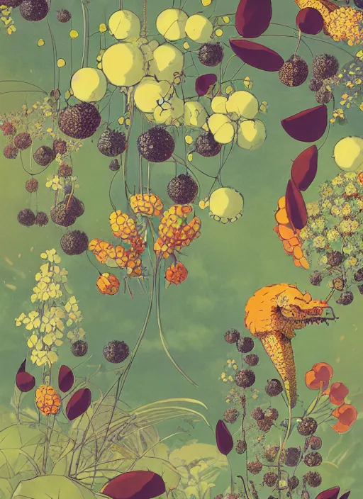 Image similar to garden flowers pattern, berries, dragonflies | illustrated by satoshi kon and greg rutkowski, 7 0's vintage sci - fi flat surreal design