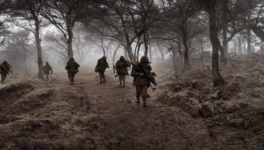 Prompt: ghosts of dead World War 1 soldiers patrolling abandoned trenches, cinematic lighting, IMAX cinematography, 35mm