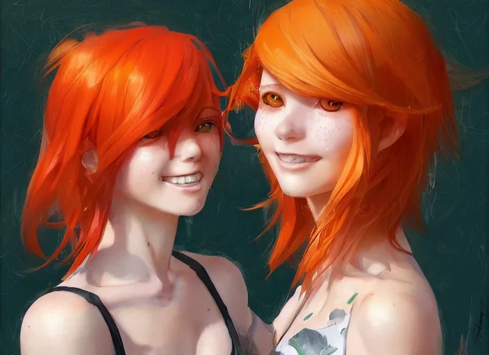 Image similar to portrait Anime beautiful smiling Girl with orange hair and freckles, green eyes fine face pretty face, realistic shaded Perfect face, fine details. Anime. by katsuhiro otomo magali villeneuve, artgerm, rutkowski Jeremy Lipkin and Giuseppe Dangelico Pino and Michael Garmash and Rob Rey