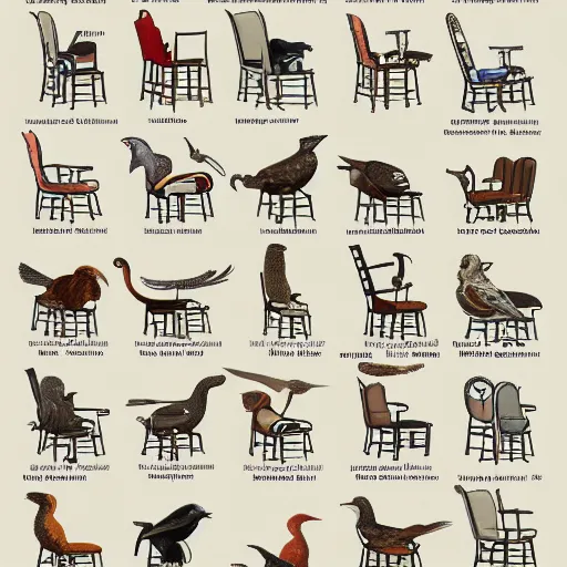 Image similar to an illustrated field guide to different species of chairs showing examples of males and females of each species, biological illustrations, art by john james audubon robert stebbins and terryl whitlatch and david sibley and charles darwin, highly detailed, intricately detailed, 8 k, trending on artstation