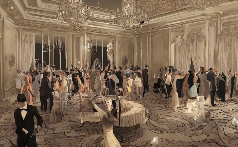 Image similar to realist digital painting of a 1 9 2 0 s grand party in a beautiful mansion, many partygoers, strong contrast, unreal engine, hyper realism, realistic shading, cinematic composition, realistic render, octane render, detailed textures, photorealistic, ultrawide shot, 3 5 mm film