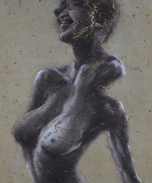 Image similar to Beautiful full-body wax sculpture of glowing transparent woman with visible gold bones covered with melted white candle wax inside the singularity where stars becoming baroque folds of black matter by Michelangelo da Caravaggio, Nicola Samori, Ilya Repin, Alex Grey, William Blake, Beksinski and Greg Rutkowski, dramatic volumetric lighting, highly detailed oil painting, octan render, 8k, masterpiece