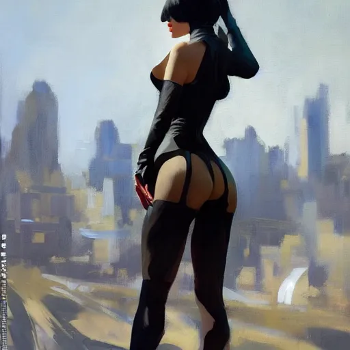 Prompt: greg manchess portrait painting of yorha type a no. 2 from behind, organic painting, sunny day, matte painting, bold shapes, hard edges, street art, trending on artstation, by huang guangjian and gil elvgren and sachin teng