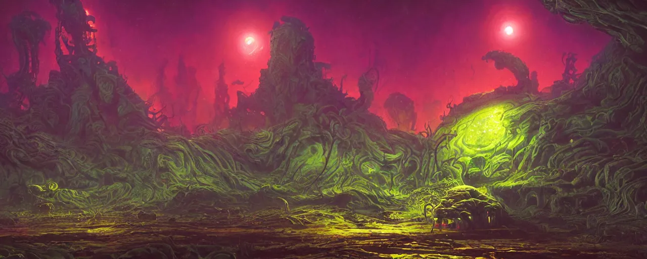 Image similar to ” slimy moist alien landscape, [ organic, liquid, disgusting, cinematic, detailed, epic, widescreen, opening, establishing, mattepainting, photorealistic, realistic textures, octane render, art by slop and paul lehr ] ”