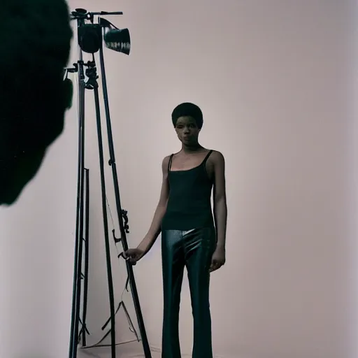 Image similar to realistic! photoshoot for a new balenciaga lookbook, color film photography, portrait of a beautiful woman, photo in style of tyler mitchell, 35mm