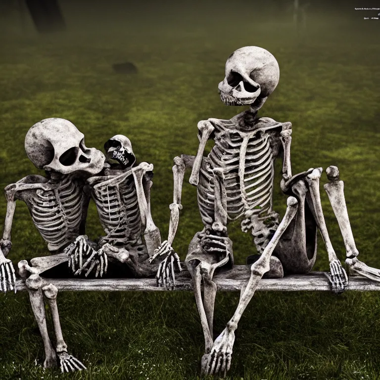 Image similar to decayed old romantic pair of skeletons, sitting on a park bench, holding their hands kissing, partially covered with dust and moss, cinematic lighting, photorealistic image, 8k, ultra detailed, high resolution, artstation