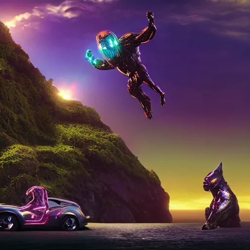 Prompt: octane render by mort kunstler and annie leibovitz and angus mckie, a giant shiny reflective huge metal eccentric flamboyant strange humanoid cat creature covered in tropical glowing alien plants on the side of a stunning cliffside over crashing ocean waves, sunset lighting, 4 d, 4 k, volumetric lighting, ray traced lighting, ultra - detailed