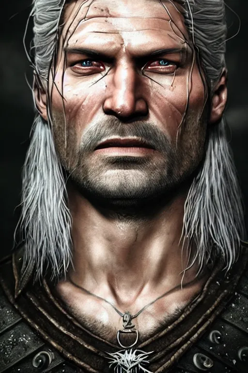 Image similar to the witcher, nikolaj coster - waldau face!!!, masterpiece portrait, white hair, highly detailed face, ultra realistic, concept art, intricate details, highly detailed, photorealistic, octane render, 8 k, unreal engine. horror film still, heavy grain, 3 5 mm, art by artgerm and greg rutkowski and alphonse mucha