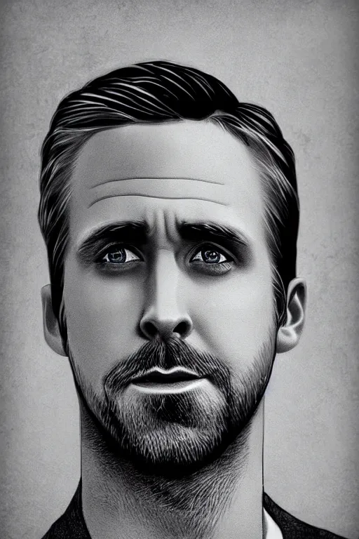 Image similar to digital portrait of ryan gosling in a dreamy photorealistic style with a beautiful dramatic background