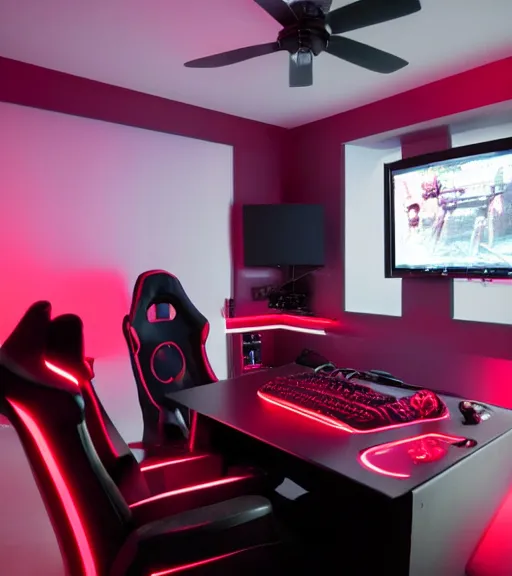 Image similar to gamer room with a person, red led lights, gamer chair