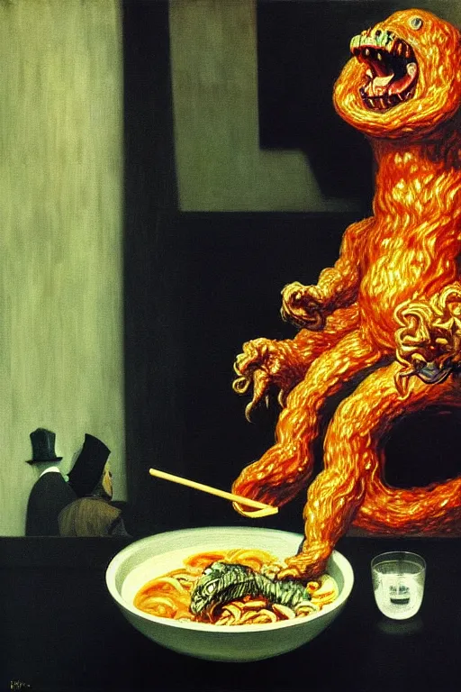 Image similar to evil human giant baby godzilla eating a huge bowl of ramen in new york city, hauntingly surreal, highly detailed painting by francis bacon, edward hopper, adrian ghenie, gerhard richter, and james jean soft light 4 k,